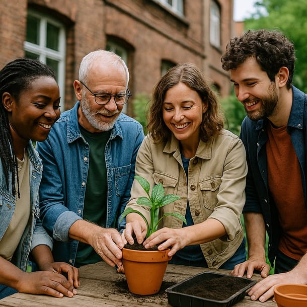 Bild zeigt vier Menschen, divers einen Pflanze eintopfend an eiem Tisch stehend. Gemeinsam stehen sie für soziales Miteinander. Das Bild ist KI generiert.