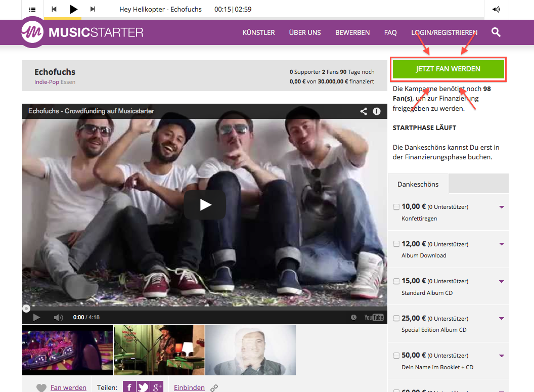 Screenshot Musicstarter &quot;Fan werden&quot;