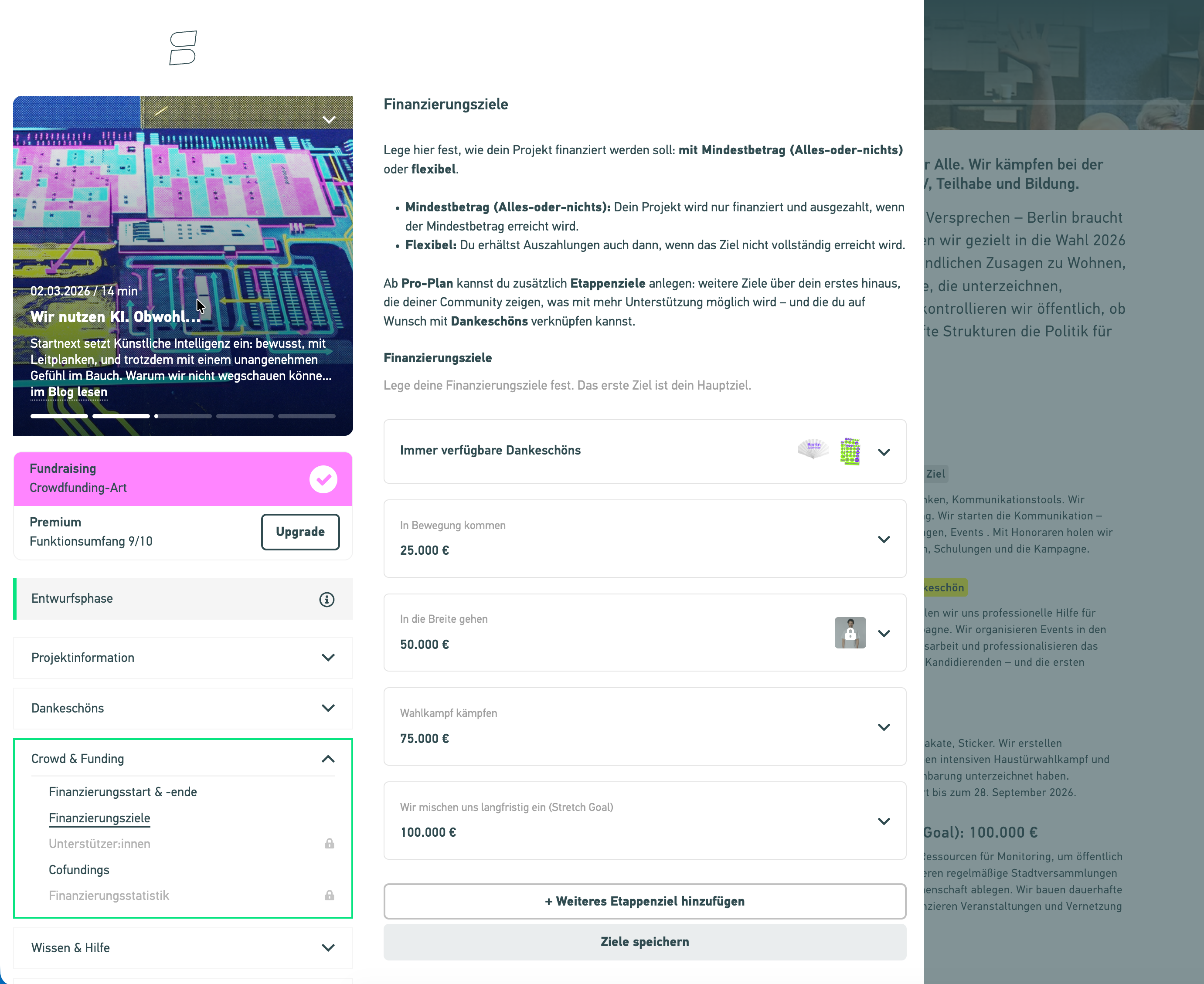 Screenshot zeigt Interface mit Formular für Etappenziele